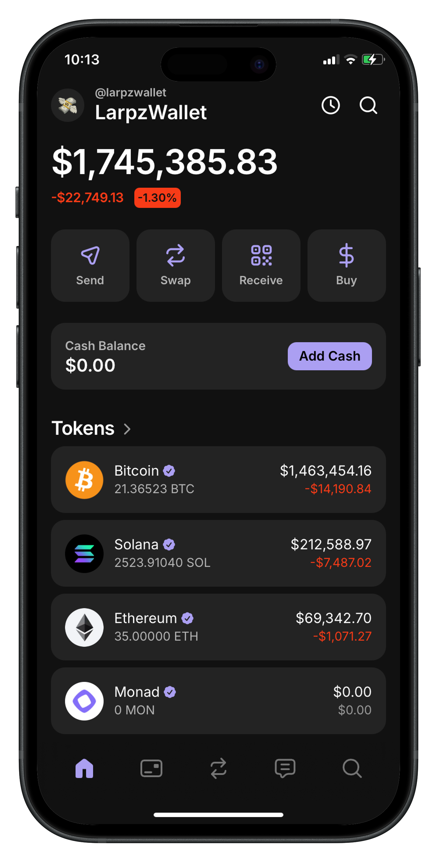 Wallet Larp app showing crypto portfolio